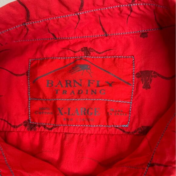 Barn Fly Red Steer Bull Print Long Sleeve Roll Tab Button Front Shirt Women XL - Picture 8 of 13